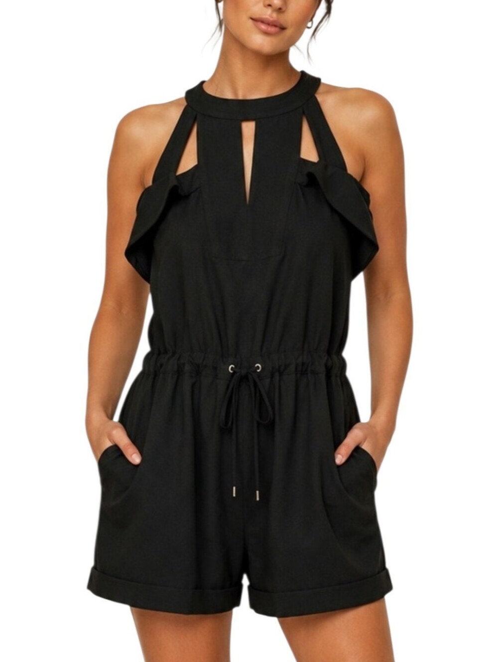 Cache Black High Neck Halter Drawstring Dressy Shorts Romper size 6